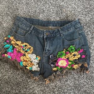 Vibrant Sequin Embellished Jean Shorts
